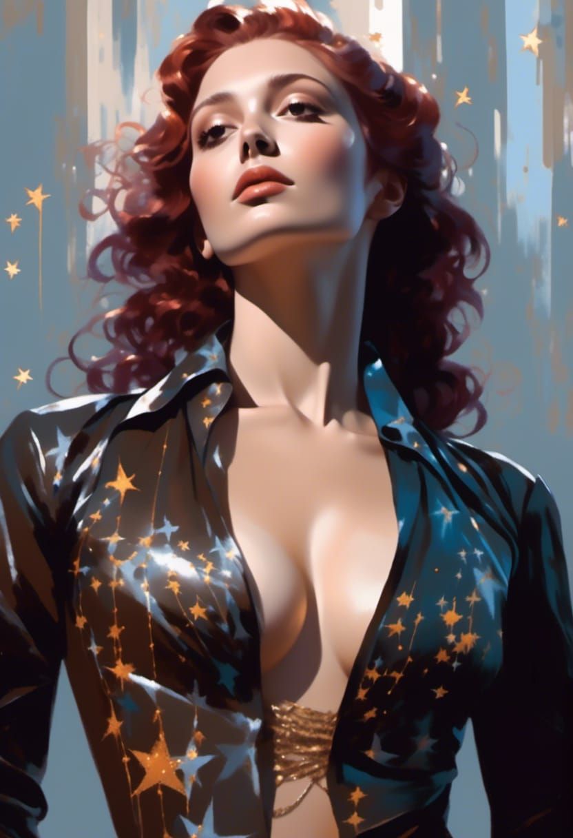 Woman in Starry Headscarf: Hyperrealistic Fantasy Portrait