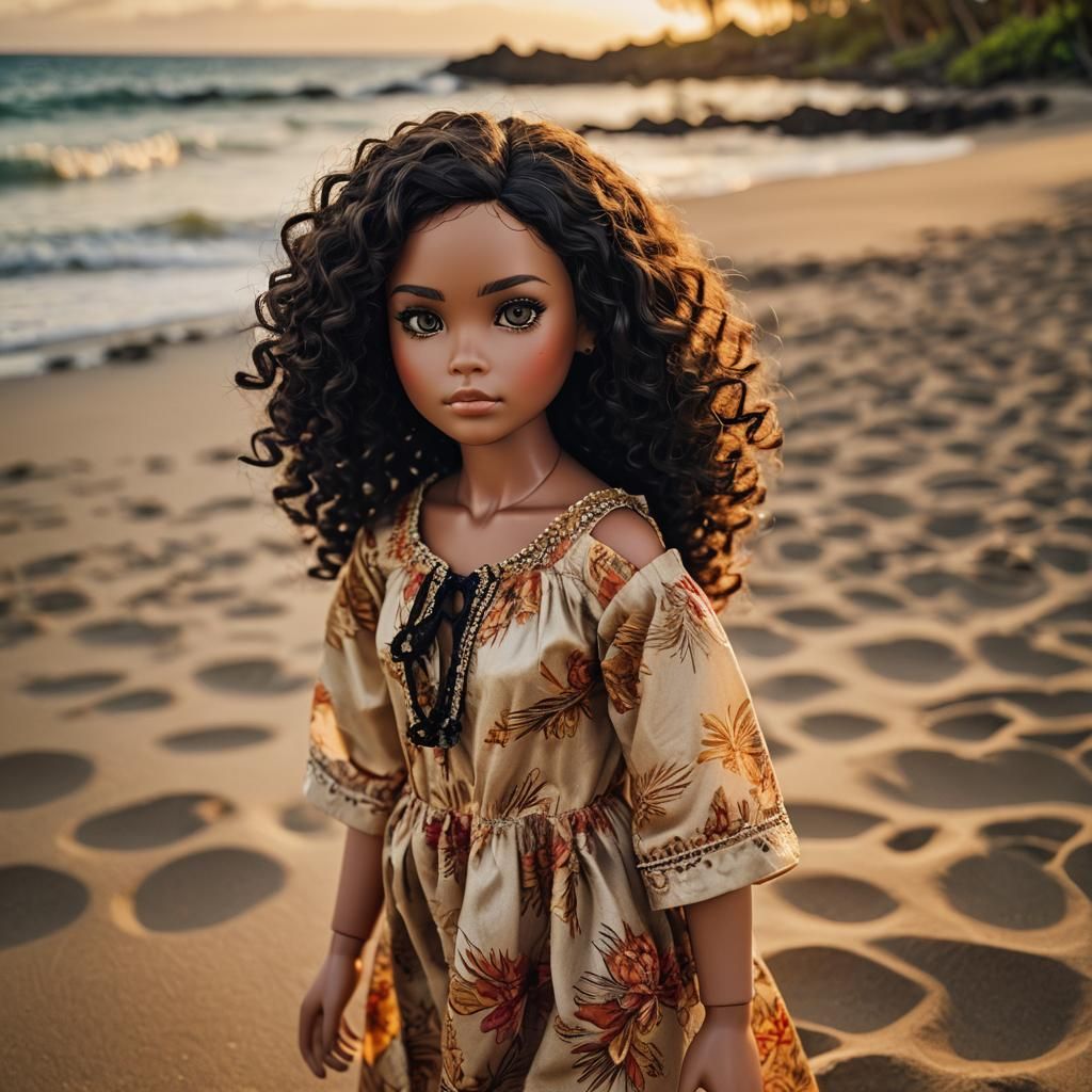 Blythe Doll Portrait on Hawaiian Beach in Photorealistic Sty...