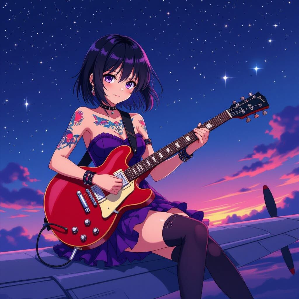 Anime Girl Plays Guitar Under Starry Sky