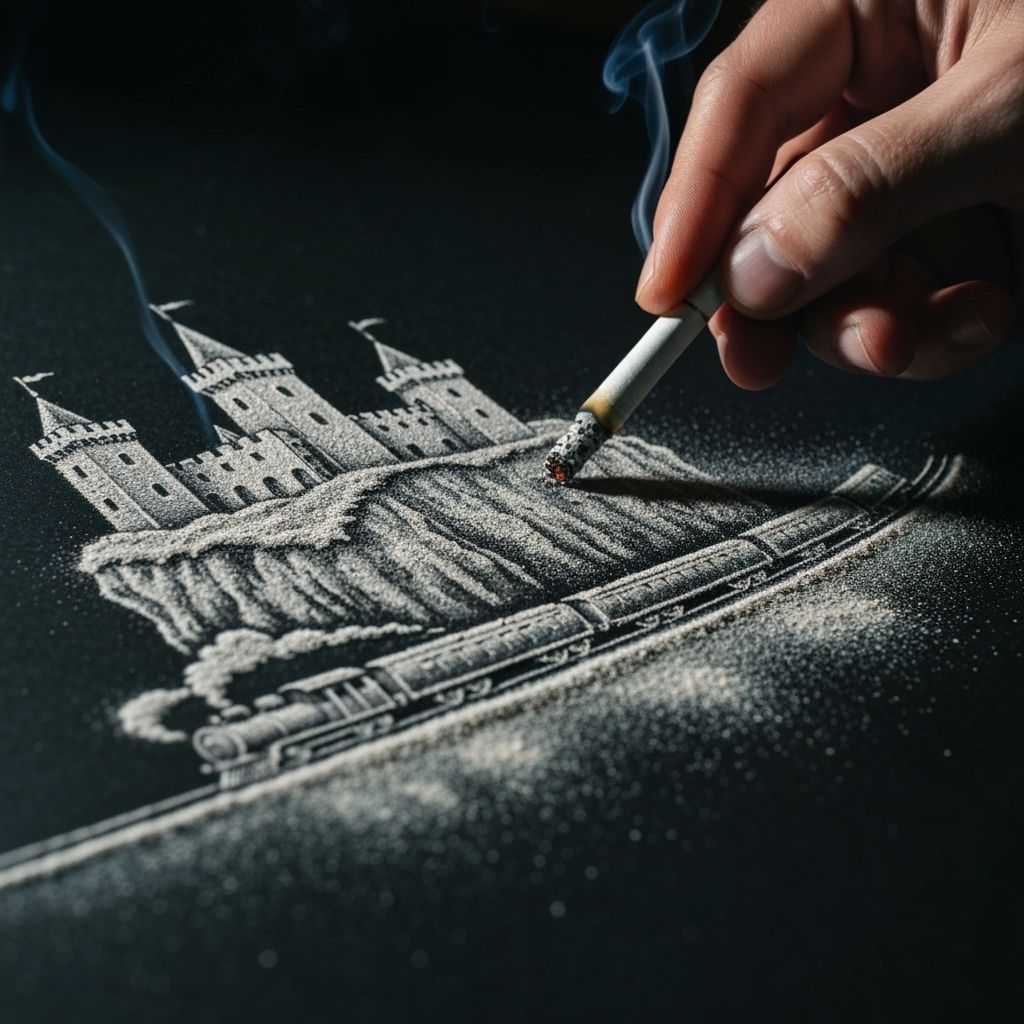 Ash Art: Castle and Train Drawn with Cigarette