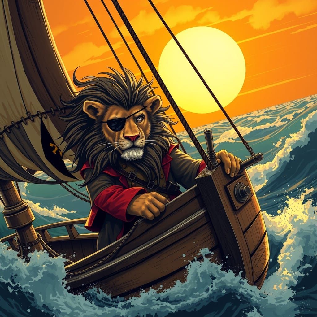 Lion Pirate Steers Ship at Sunset