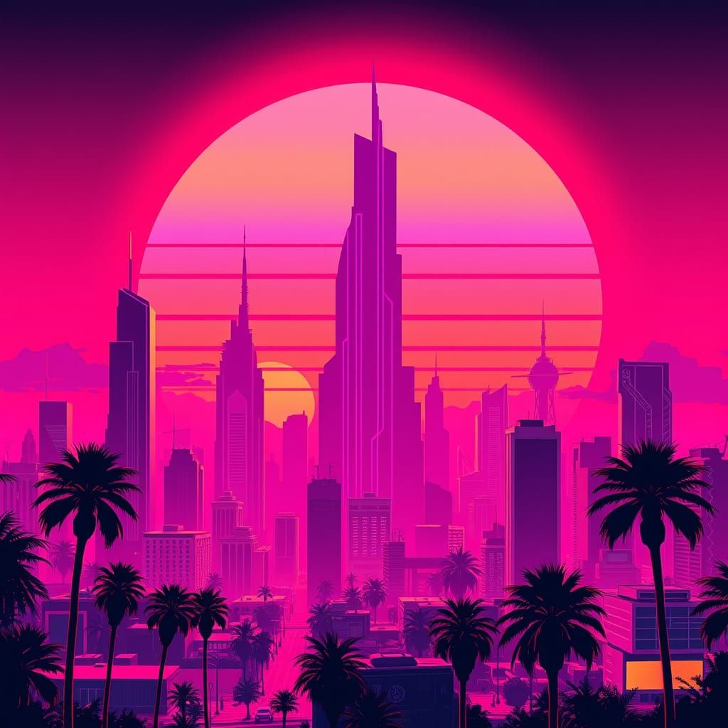 Retro-Futuristic Sunset Cityscape in Bold Line Art