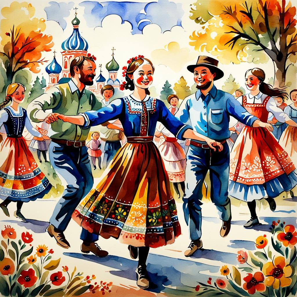 Square Dances in Khokhloma Folk Art Style