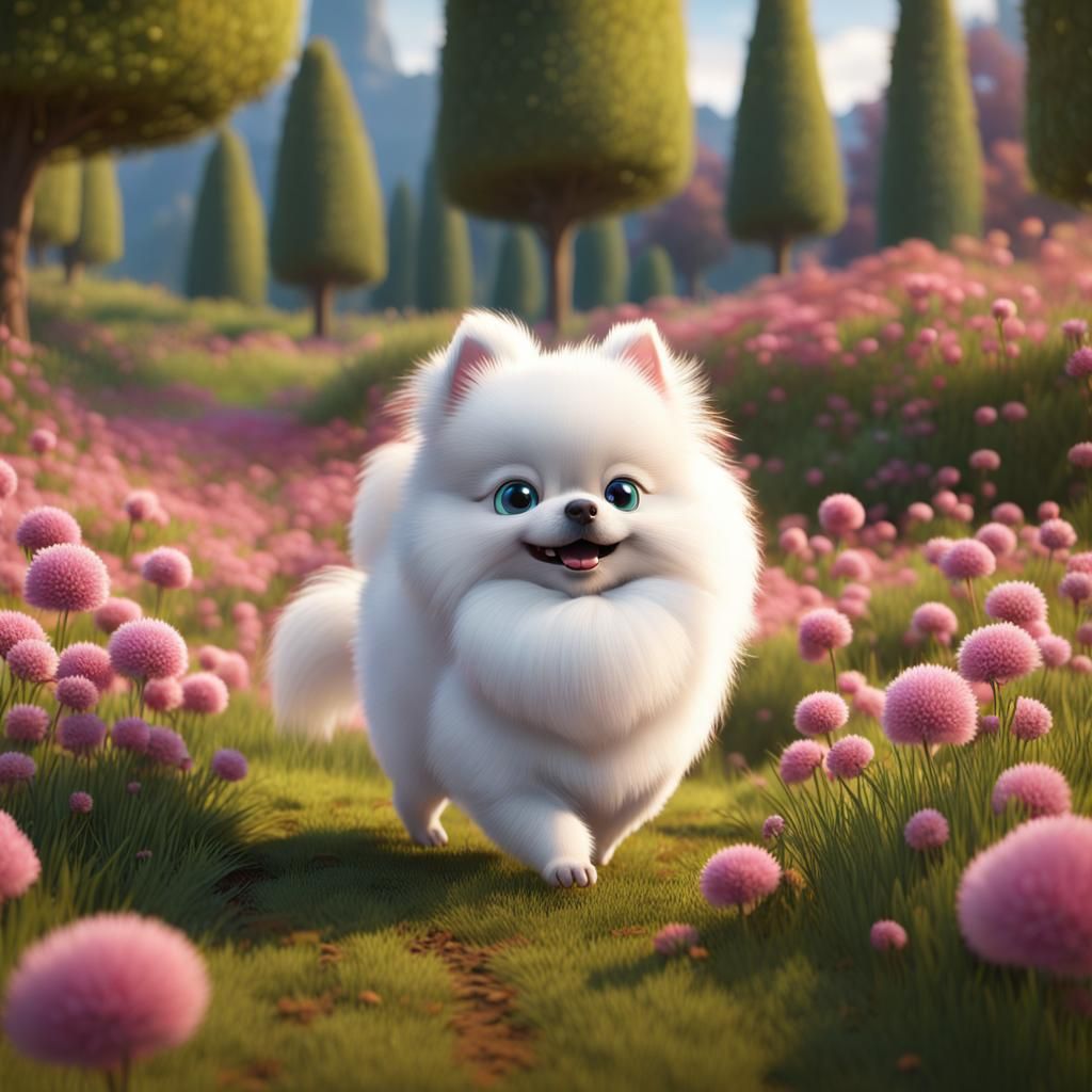 Pomeranian Puppy Chasing Squirrel, Detailed Graphics
