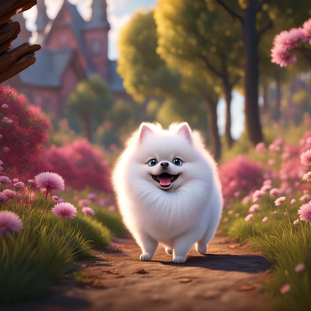 Pomeranian Puppy Chasing Squirrel in Open Field