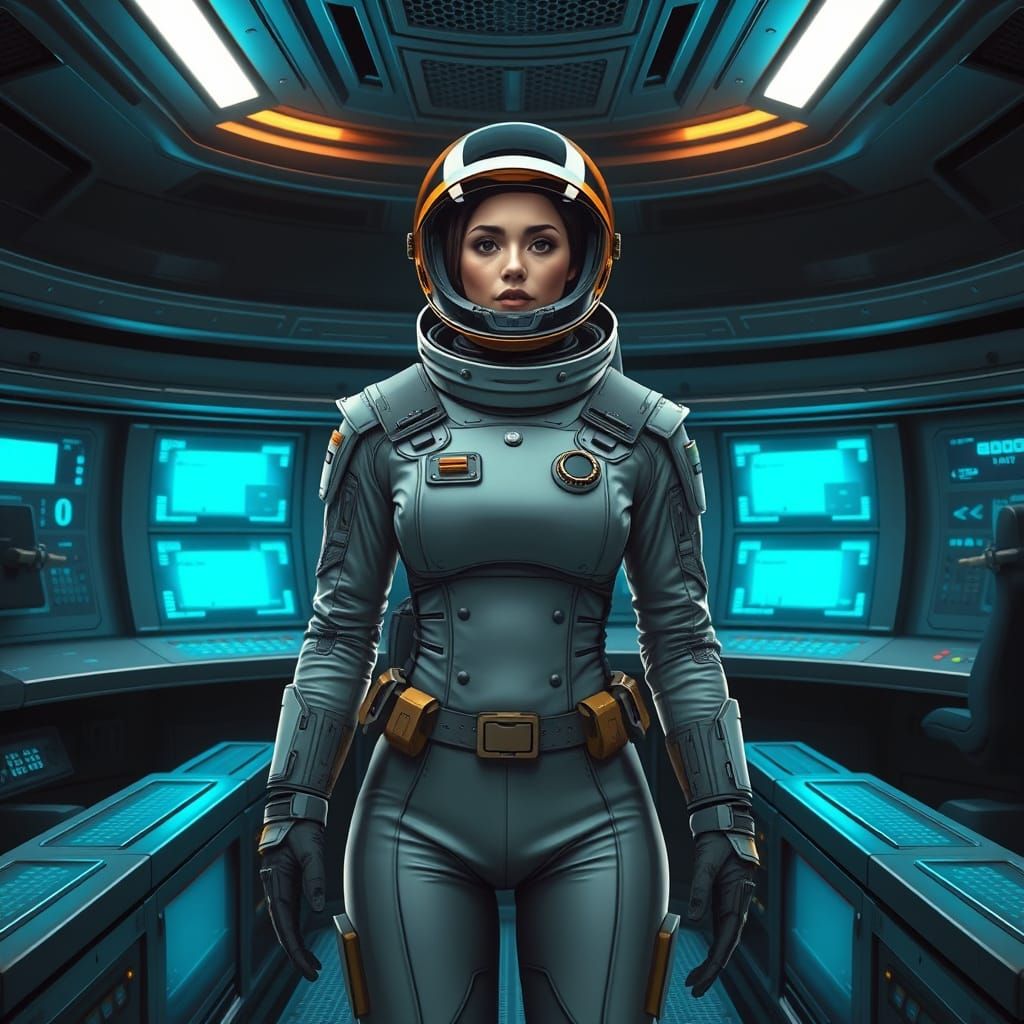 Astronaut in Futuristic Console Room, in Syd Mead Style