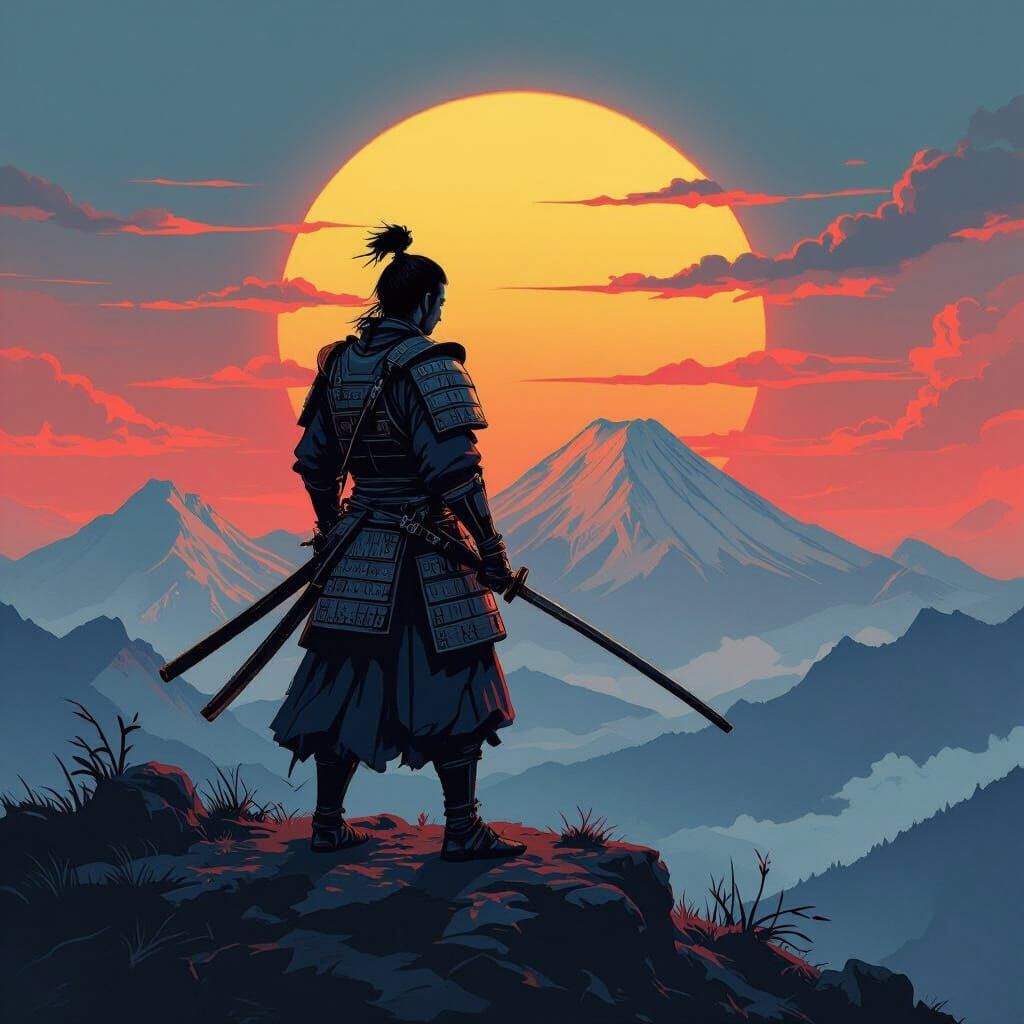 Samurai Warrior at Fiery Sunset in Ukiyo-e Style