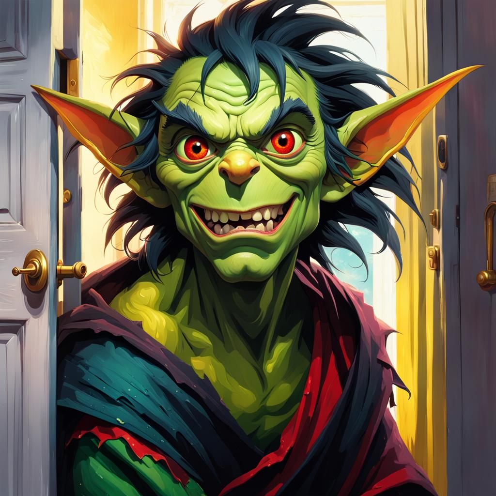 a green goblin with long ears, big bold round red eyes, thic...