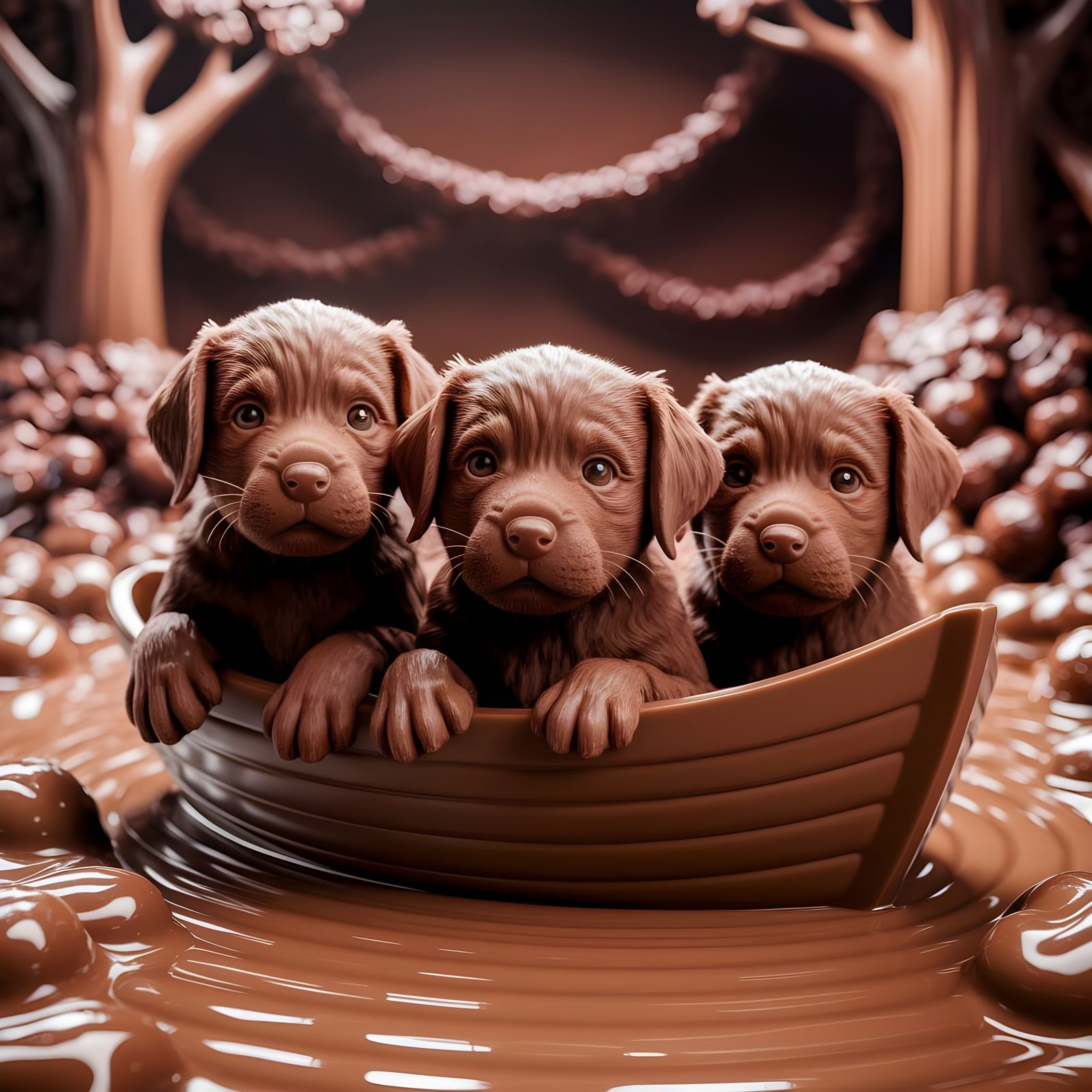 Chocolate Lab Puppies in Chocolate Boat on Chocolate Pond