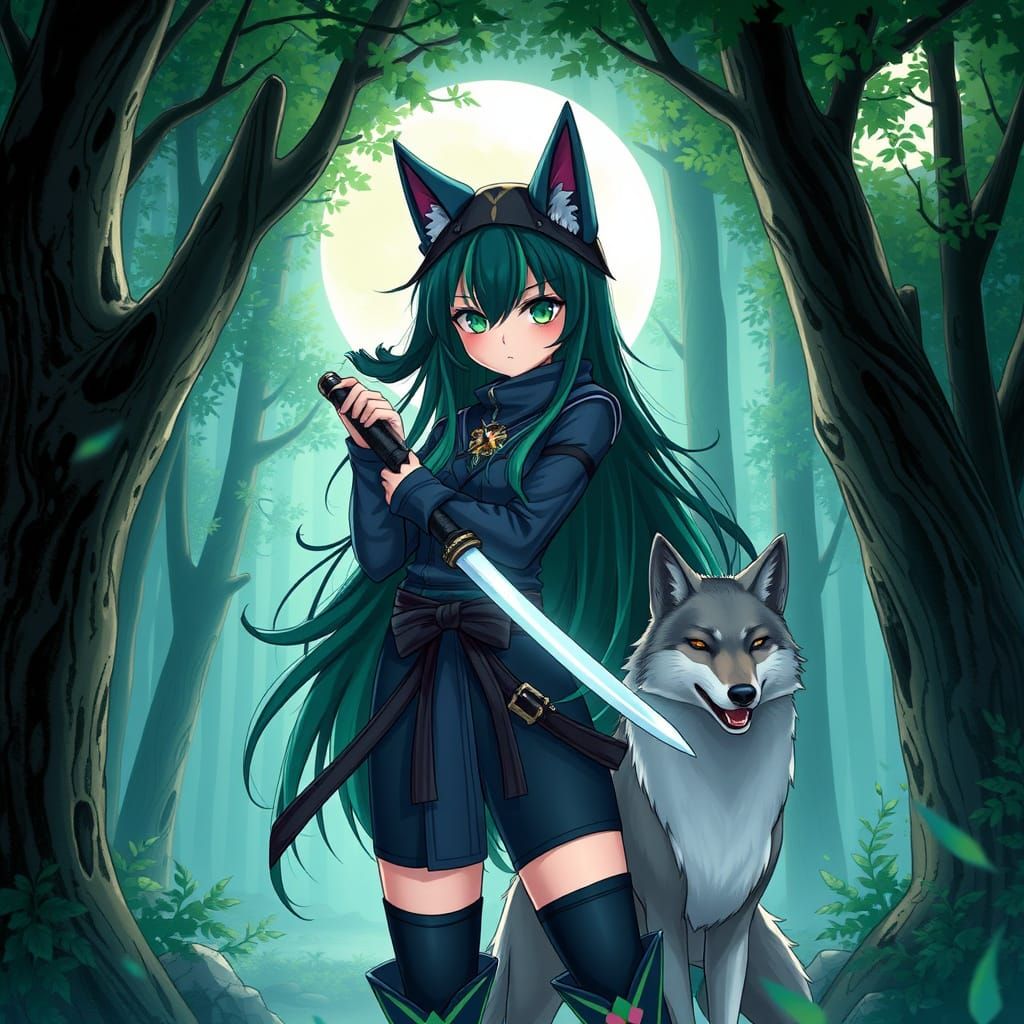 Wolf Goddess with Green Eyes and Black Hair in Mystical Fore...