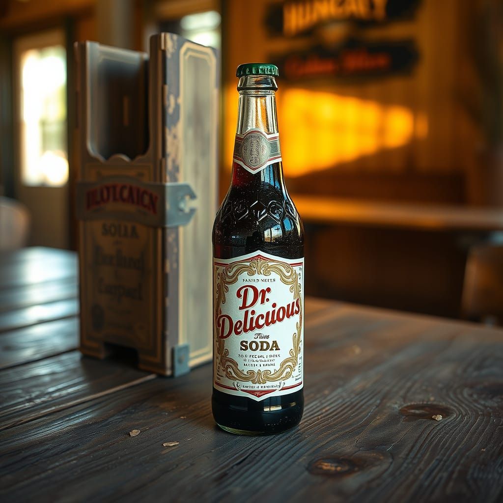 Vintage-Style Dr. Delicious Soda Bottle on Rustic Wooden Tab...