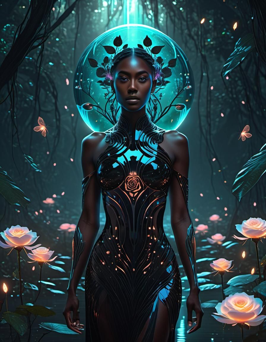 Reflective Rose Goddess in Bioluminescent Swamp