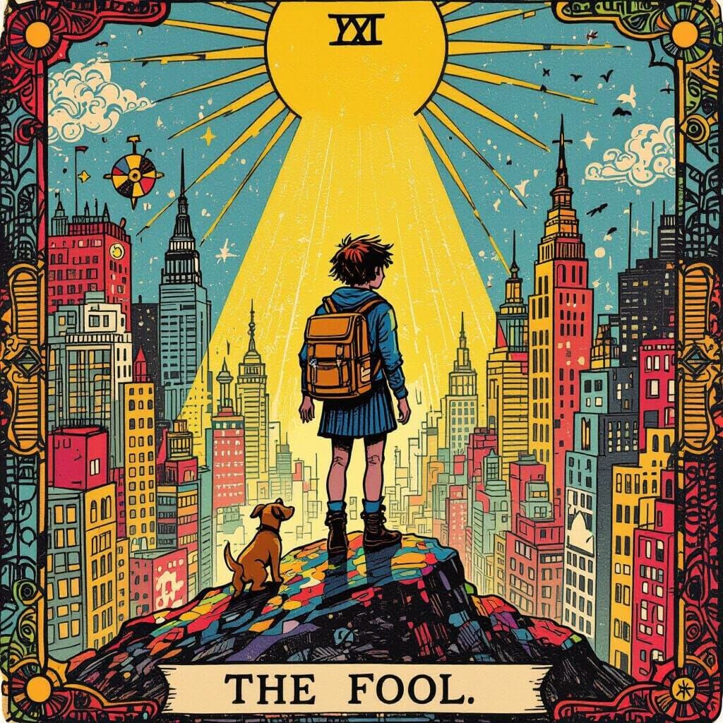 The Fool Tarot Card in Postmodern Mixed-Media Style