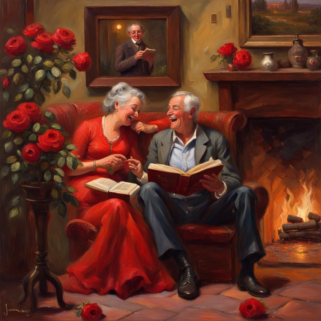 Couple Reading by Fireplace Surrounded by Roses