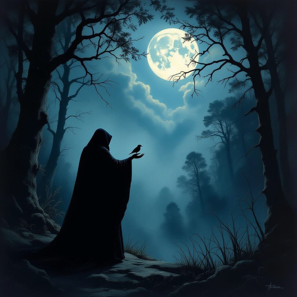 Mysterious Cloaked Figure in Moonlit Forest with Sparrow, Oi...