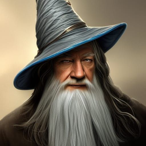Blue-Grey Cat Wearing Gandalf Hat Portrait
