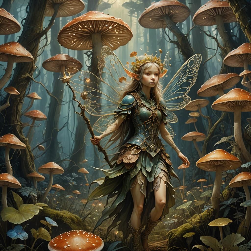 Mushroom Fairy Flies Through Bioluminescent Forest