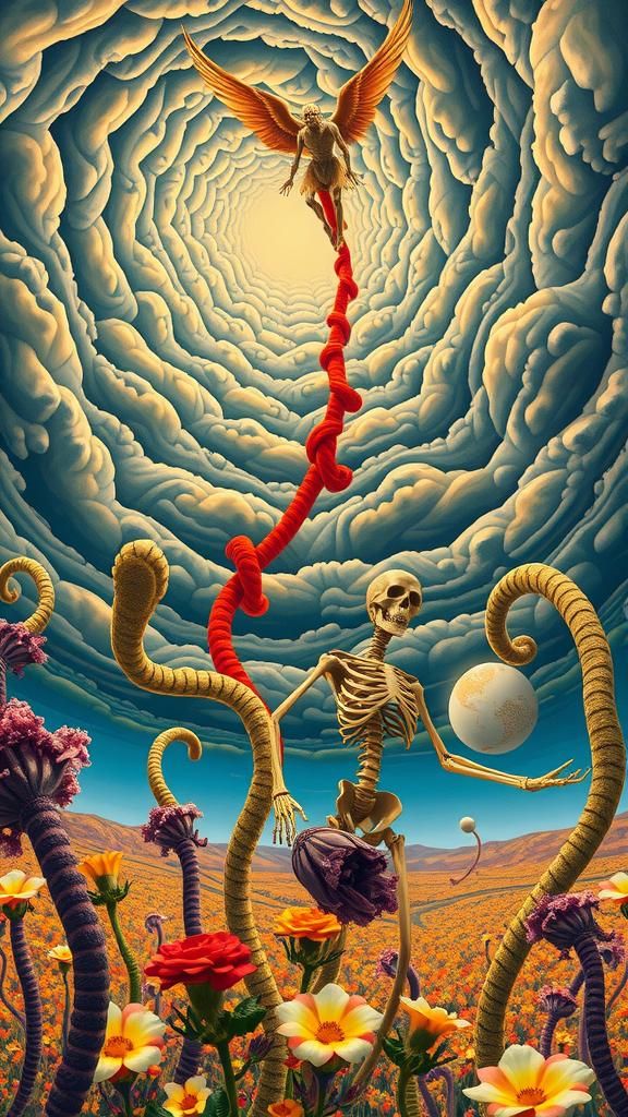 Surreal Landscape with Elastic Flora and Winged Skeleton