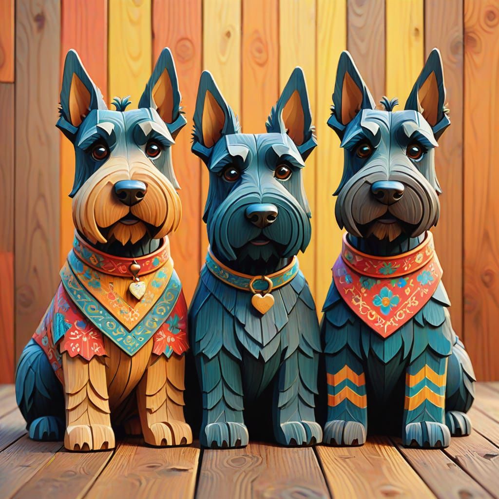 Whimsical Wooden Scottish Terriers in Cartoon Style