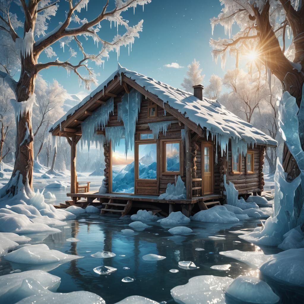 Sunlit Icy Cabin in Water: Fantasy Matte Painting