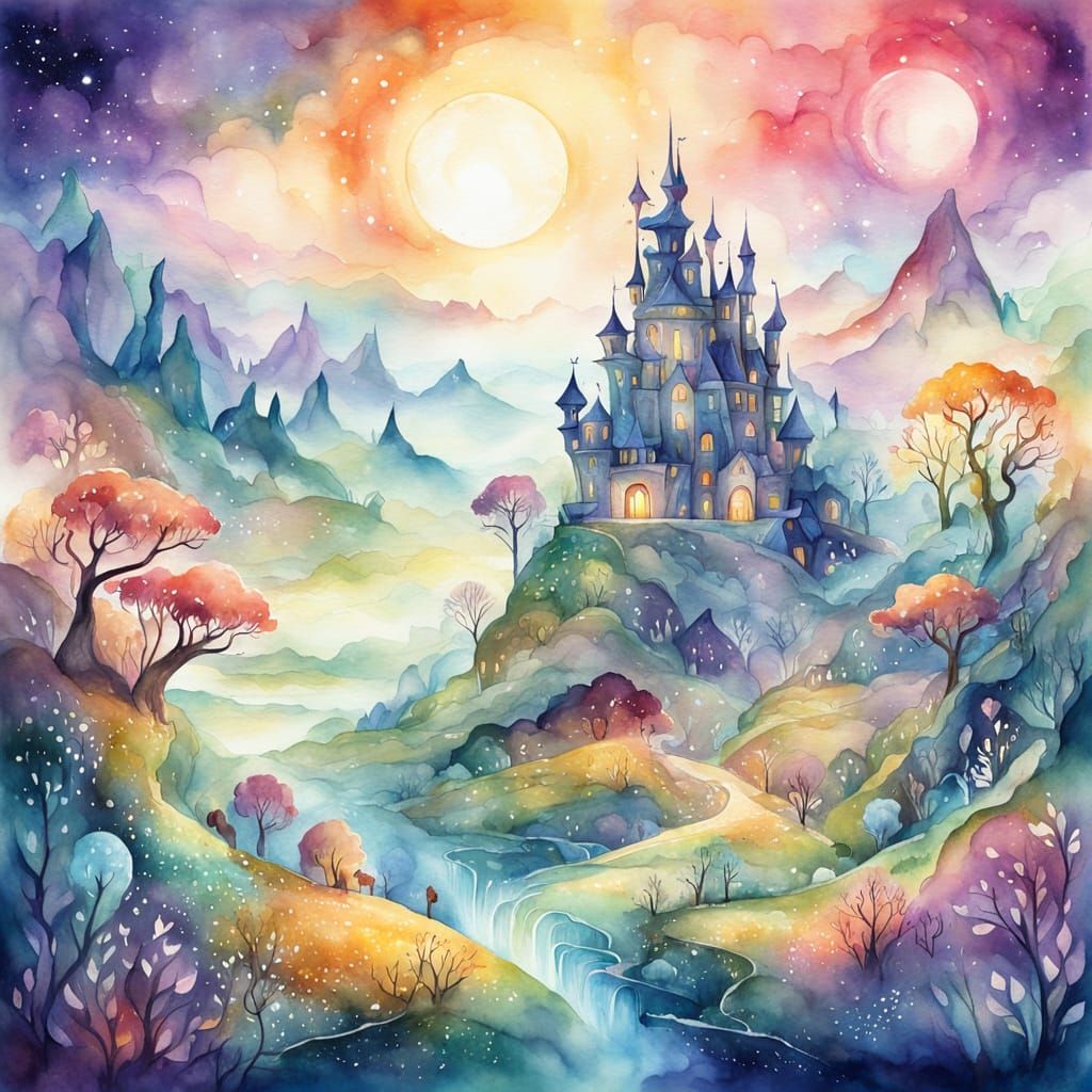 Watercolor Fantasy Landscape with Pastel Colors