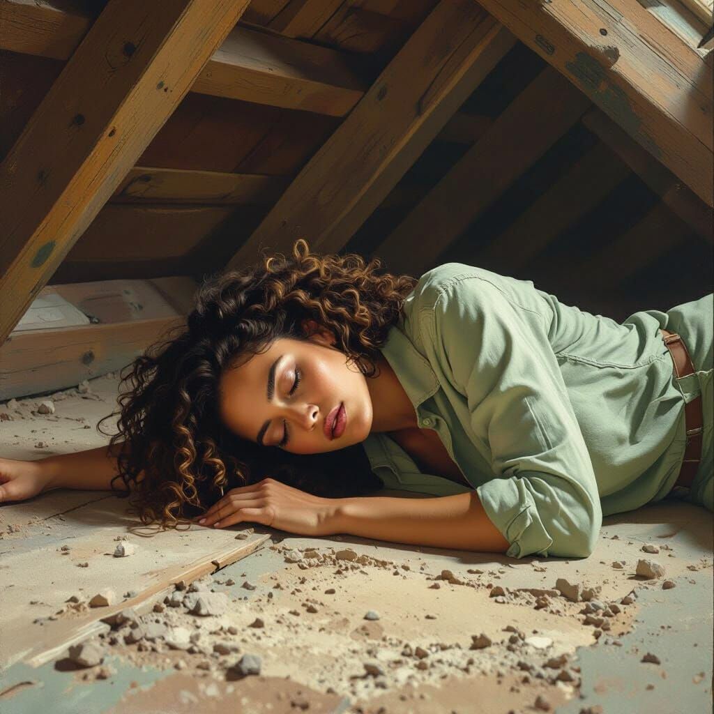 Unconscious Woman in Attic: Detailed Matte Painting