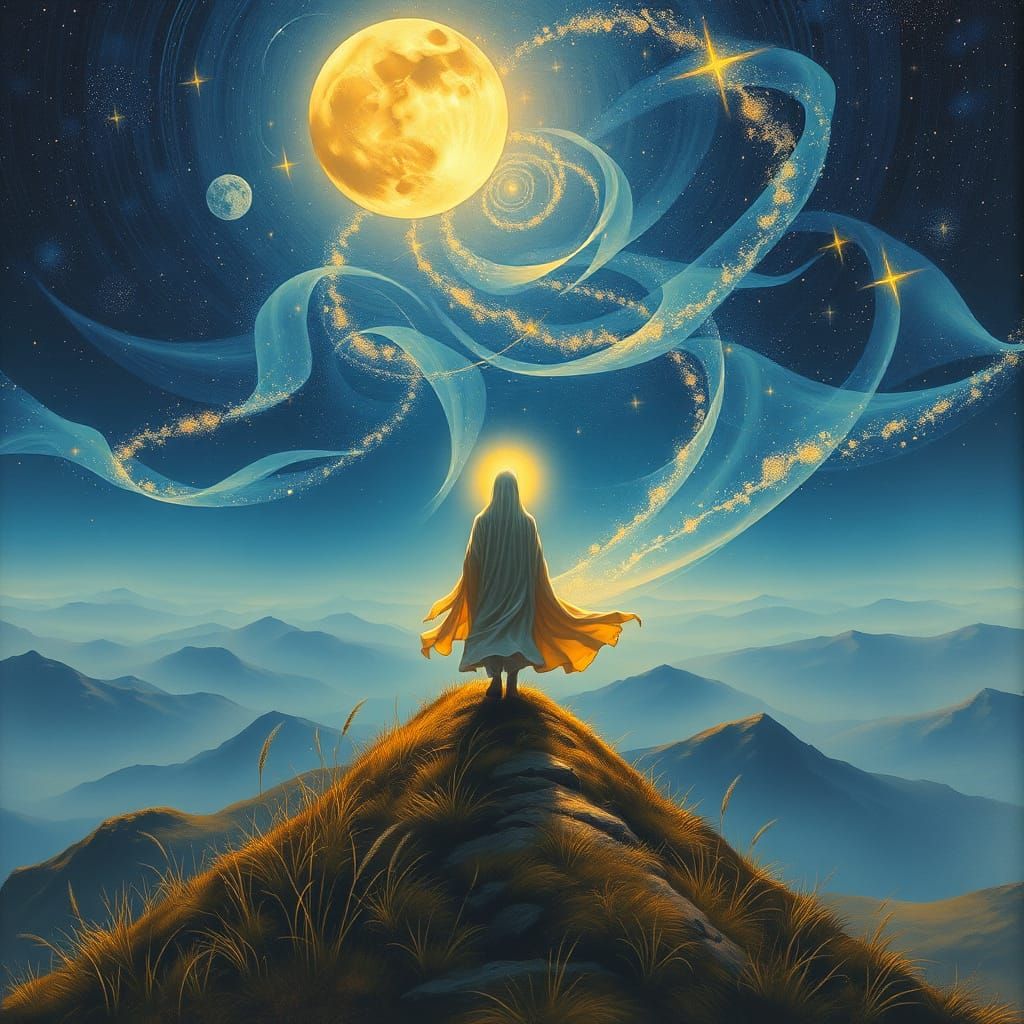 A Lone Figure Radiates Hope in a Cosmic Landscape