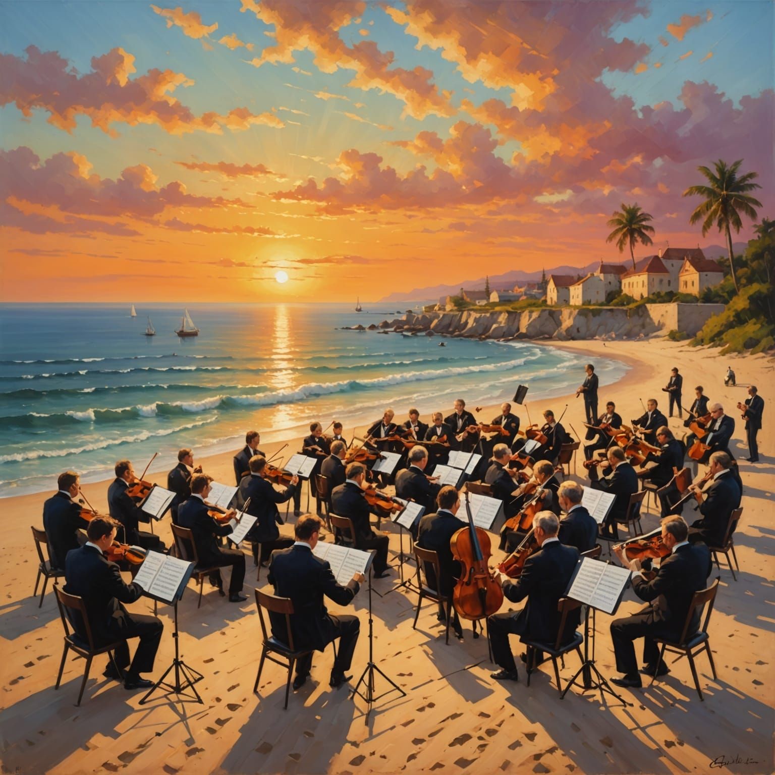 Vibrant Sunset Concert on the Beach in Impressive Oil Painti...