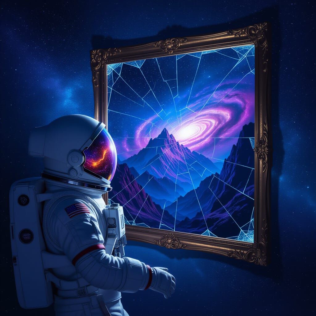 Astronaut Gazes at Distorted Mountain Landscape in Space