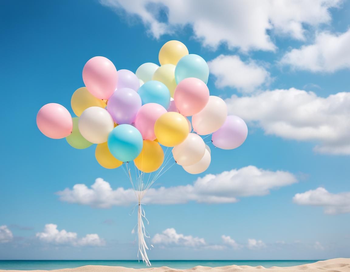 Pastel Balloons Floating Over Sandy Beach