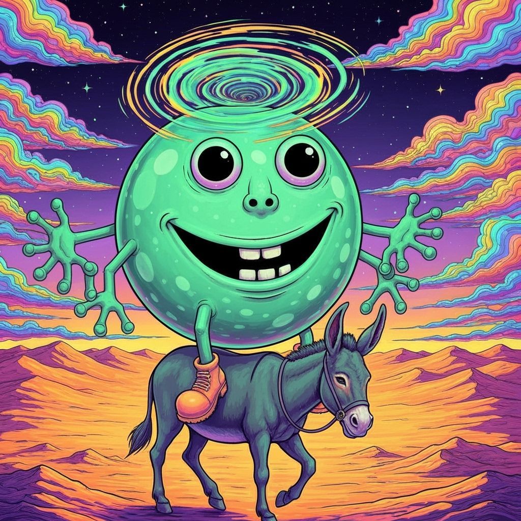 Sea Green Bubble Creature Riding Donkey in Psychedelic Deser...
