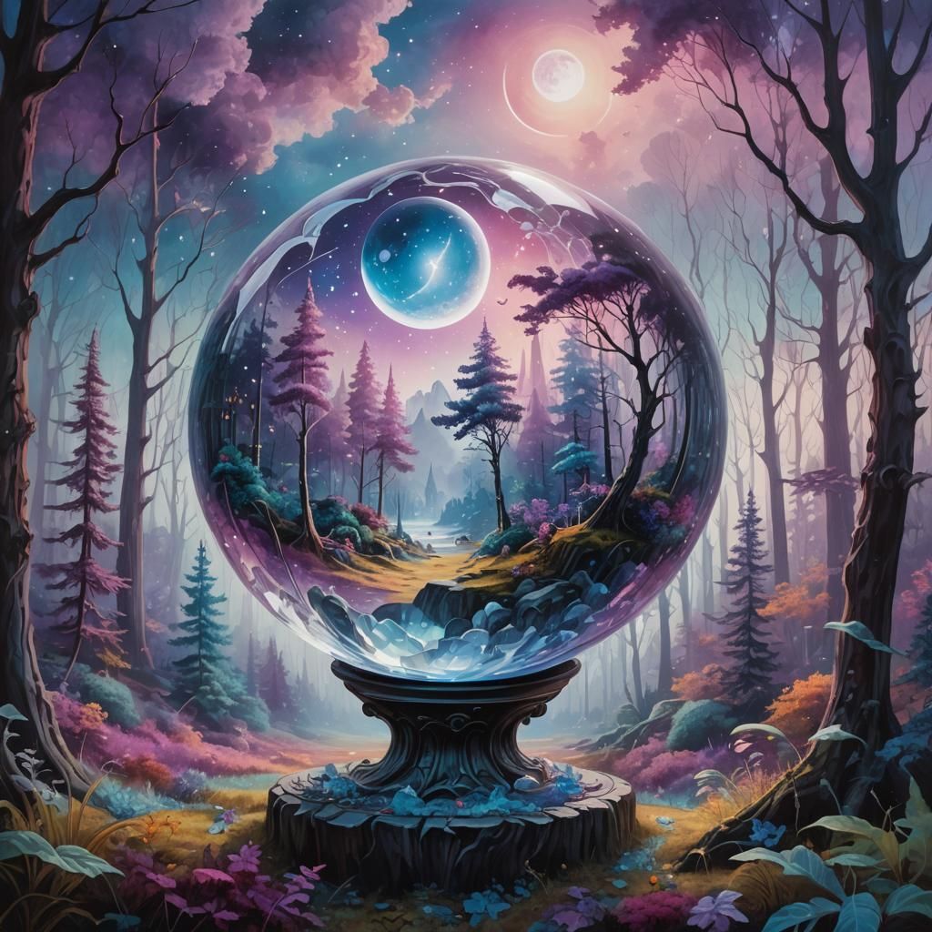 Crystal Moon Globe in Surrealist Forest