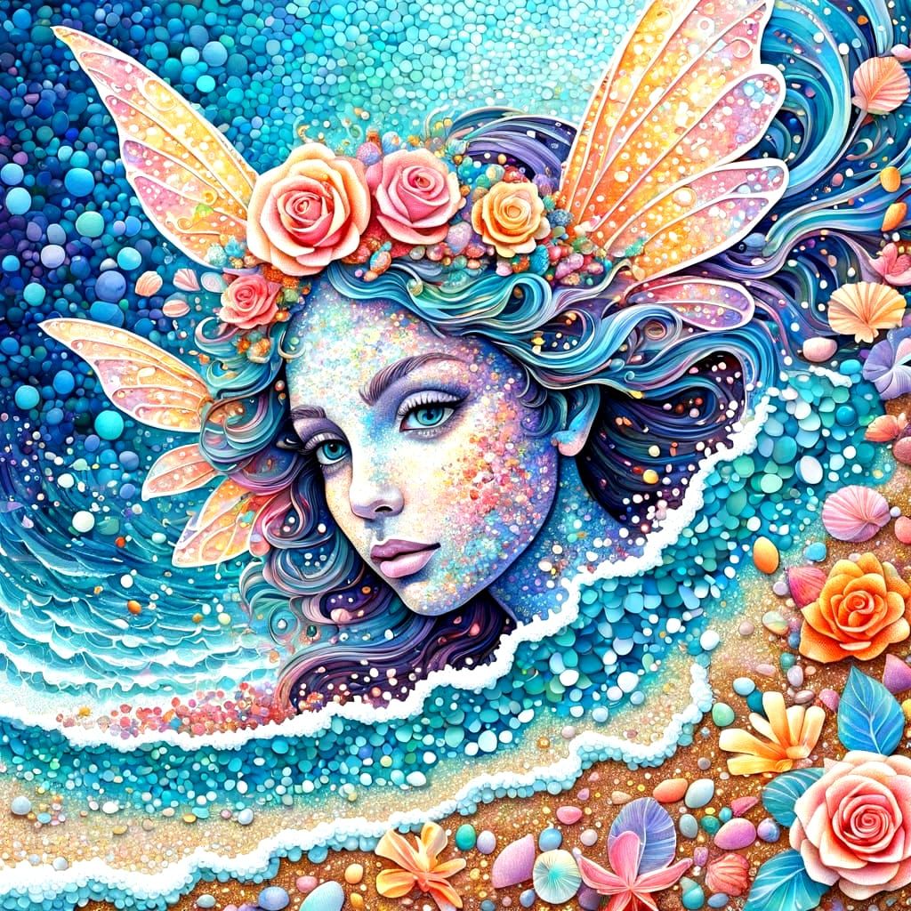 Vibrant Fairy Dazzles in Pointillist Shell Beach Scene