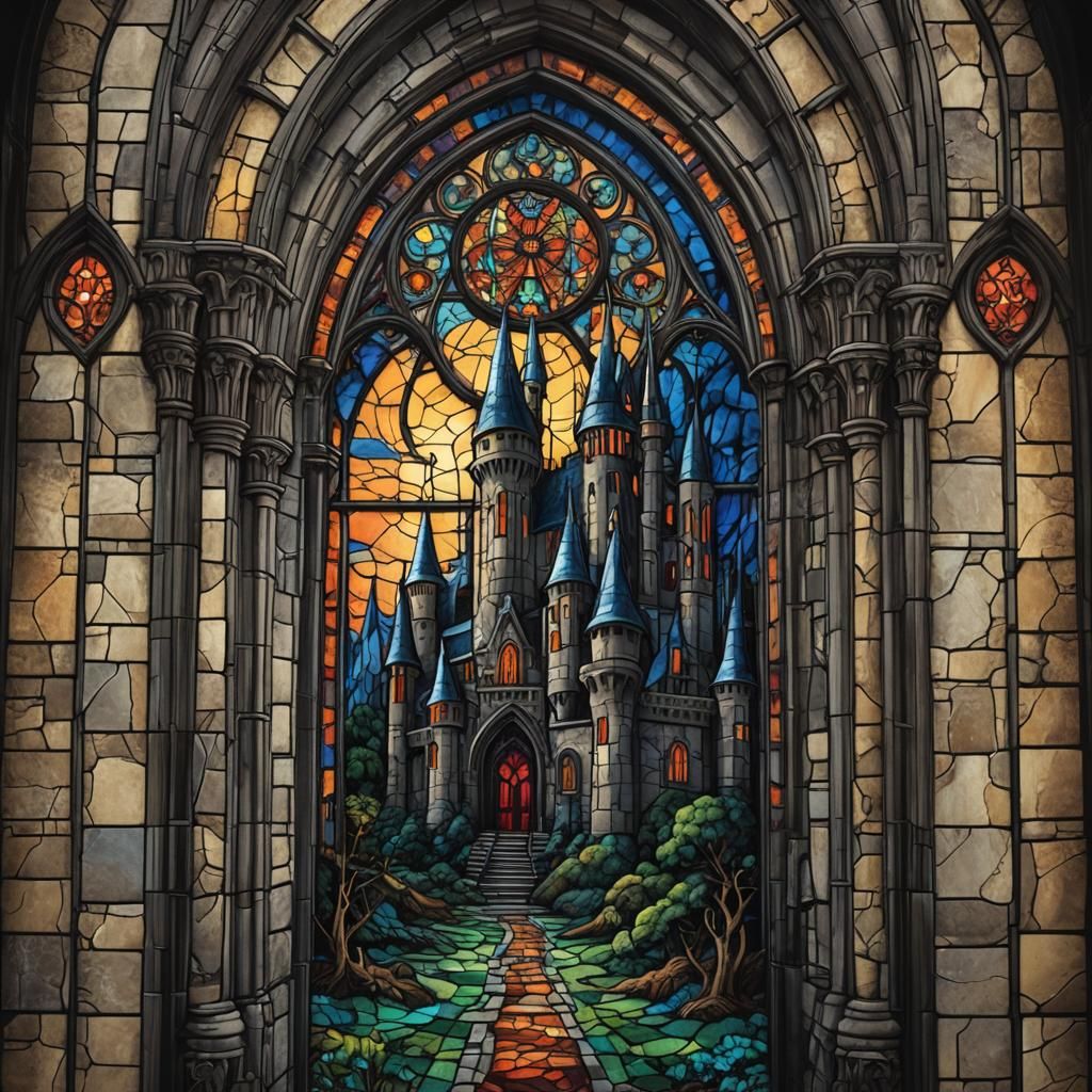 Sinister Gothic Castle Stained Glass Window