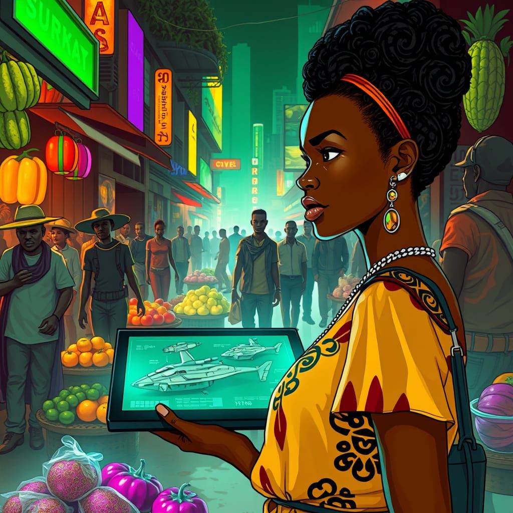 Stylish Nairobi Woman Lost in Thought Among Mutated Foods an...