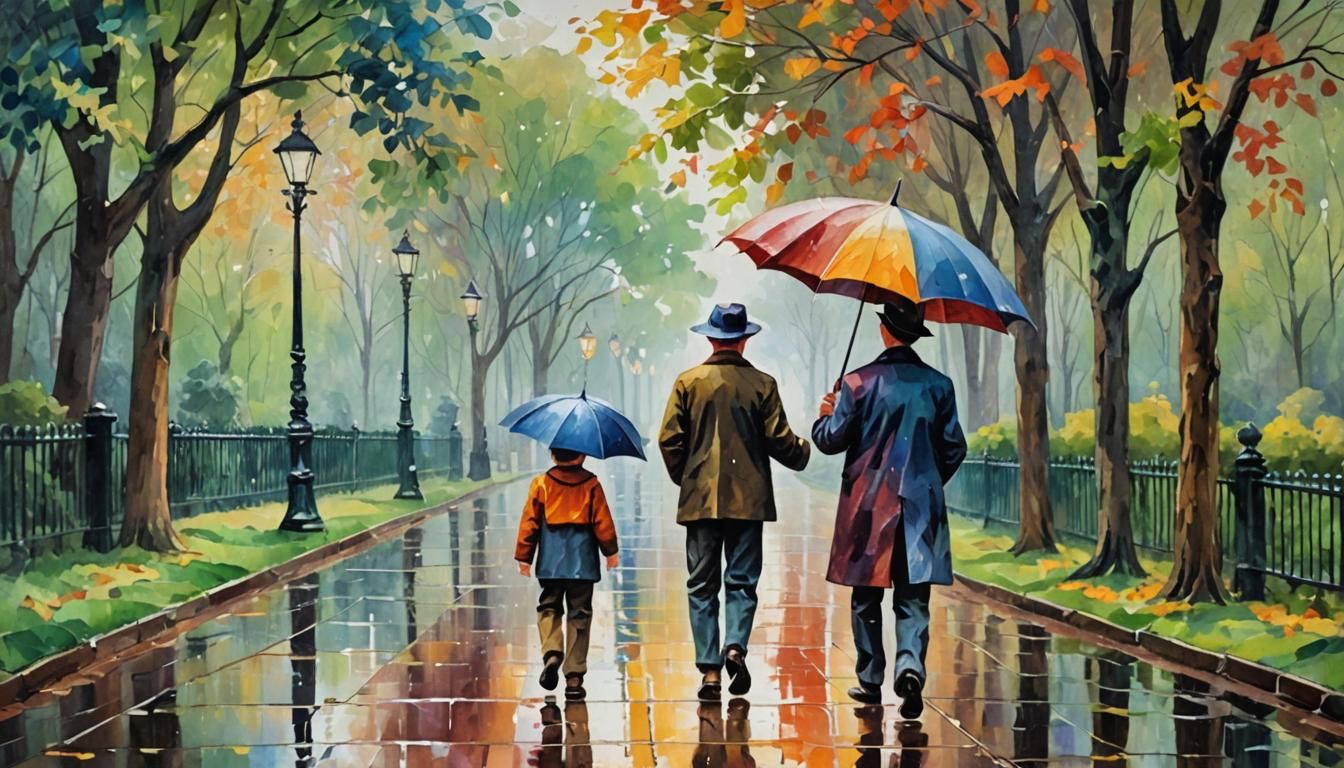 Rainy Day Park Scene in Neo-Impressionistic Style