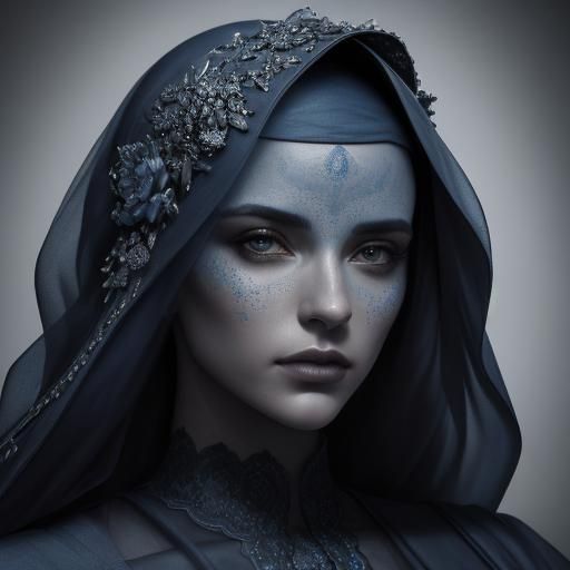 Monochromatic Portrait in Blue, Hyperrealistic Oil Painting