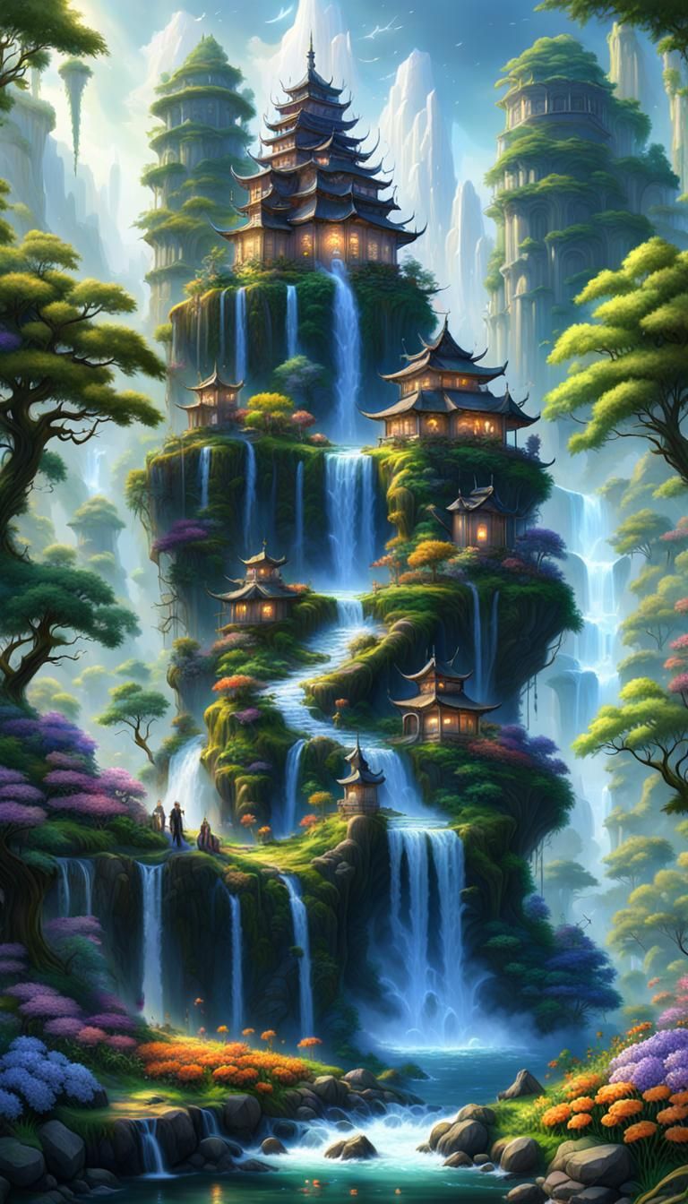 Wide waterfall with a mystic Asian fantasy starcraft tower o...