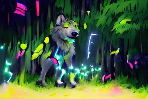 Neon Forest Wolf Illuminated by Fireflies