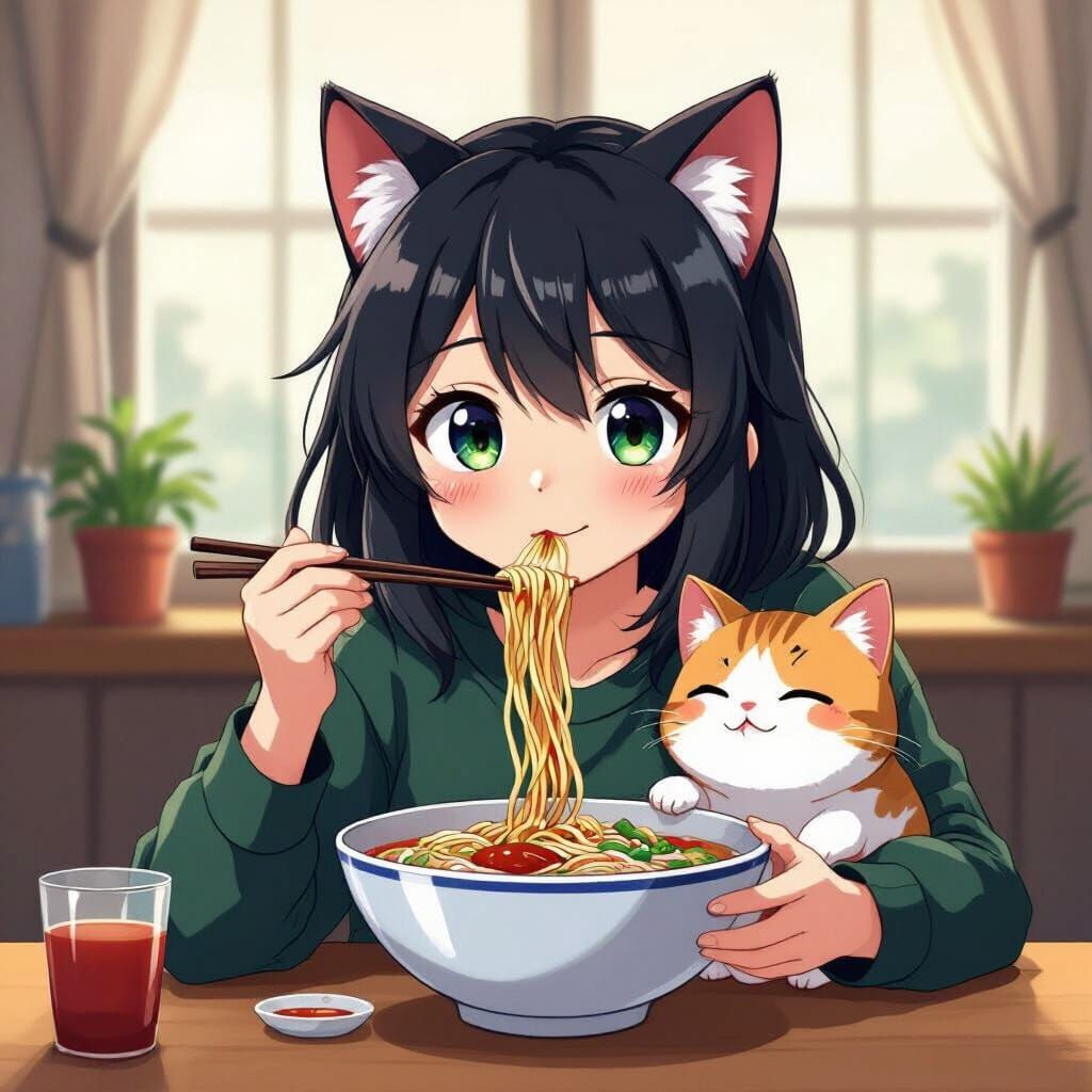 Cat and Human Eating Ramen: Anime Style