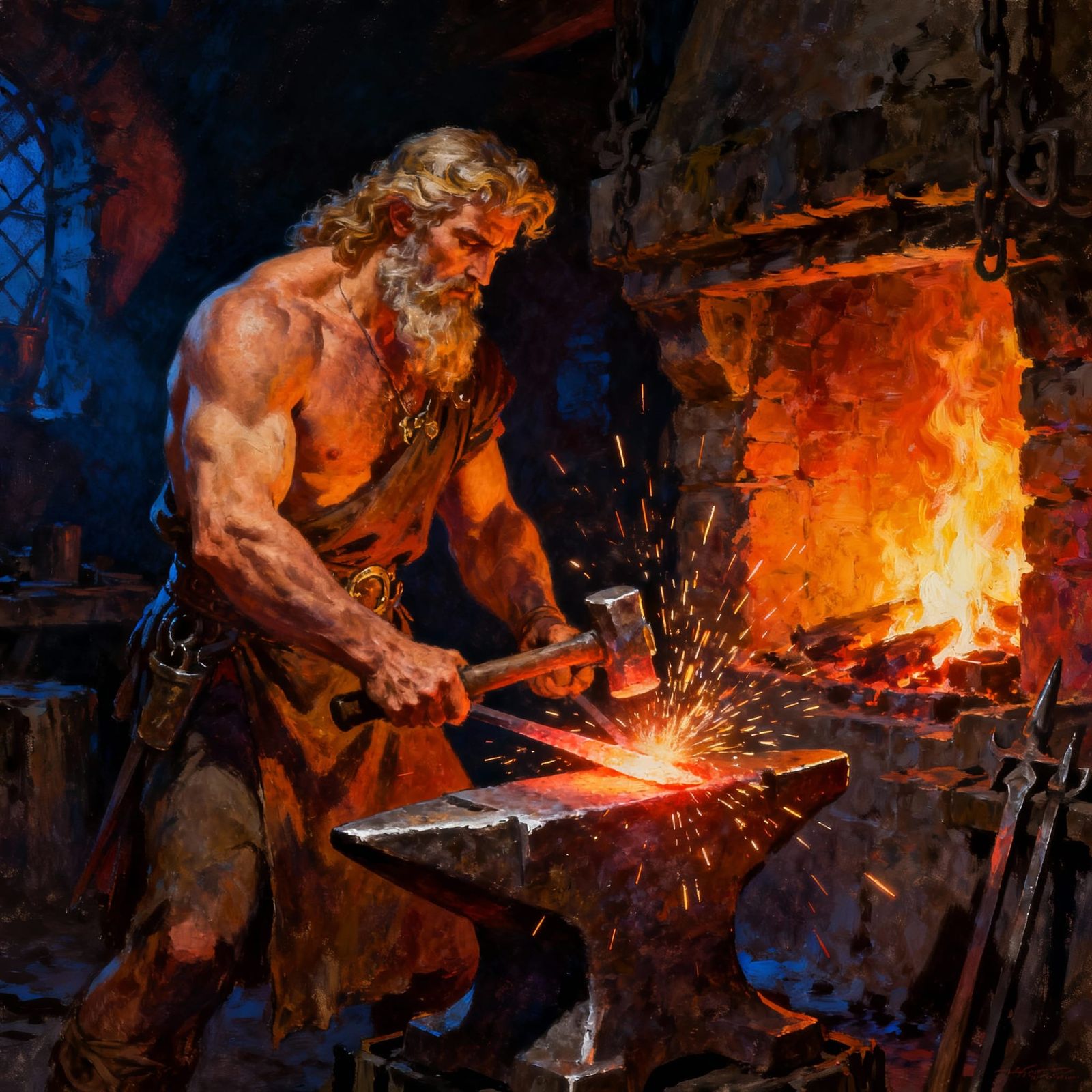 Hephaestus Forging Metal in Fiery Forge