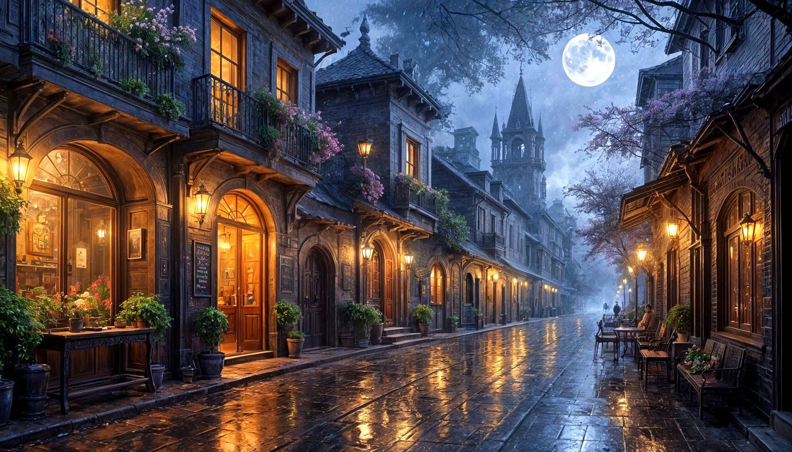 Moonlit Rainy Alley in Old Town with Café