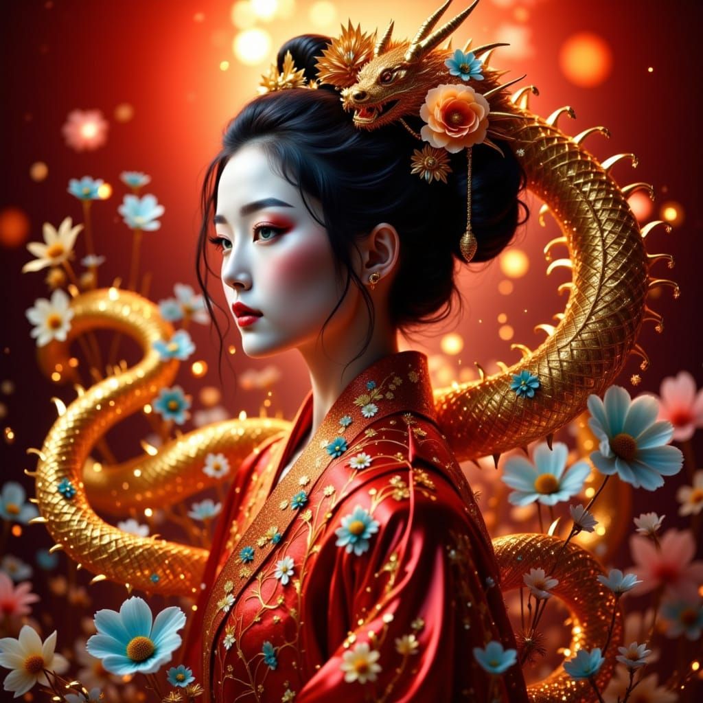 Geisha in a Lavish Red Kimono, Adorned with a Golden Dragon,...