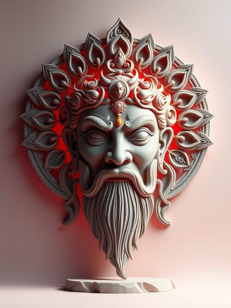Circular Stone Giant God Head Sculpture color gradient deep color warm colors monochromatic hyperrealism quilling filigr...