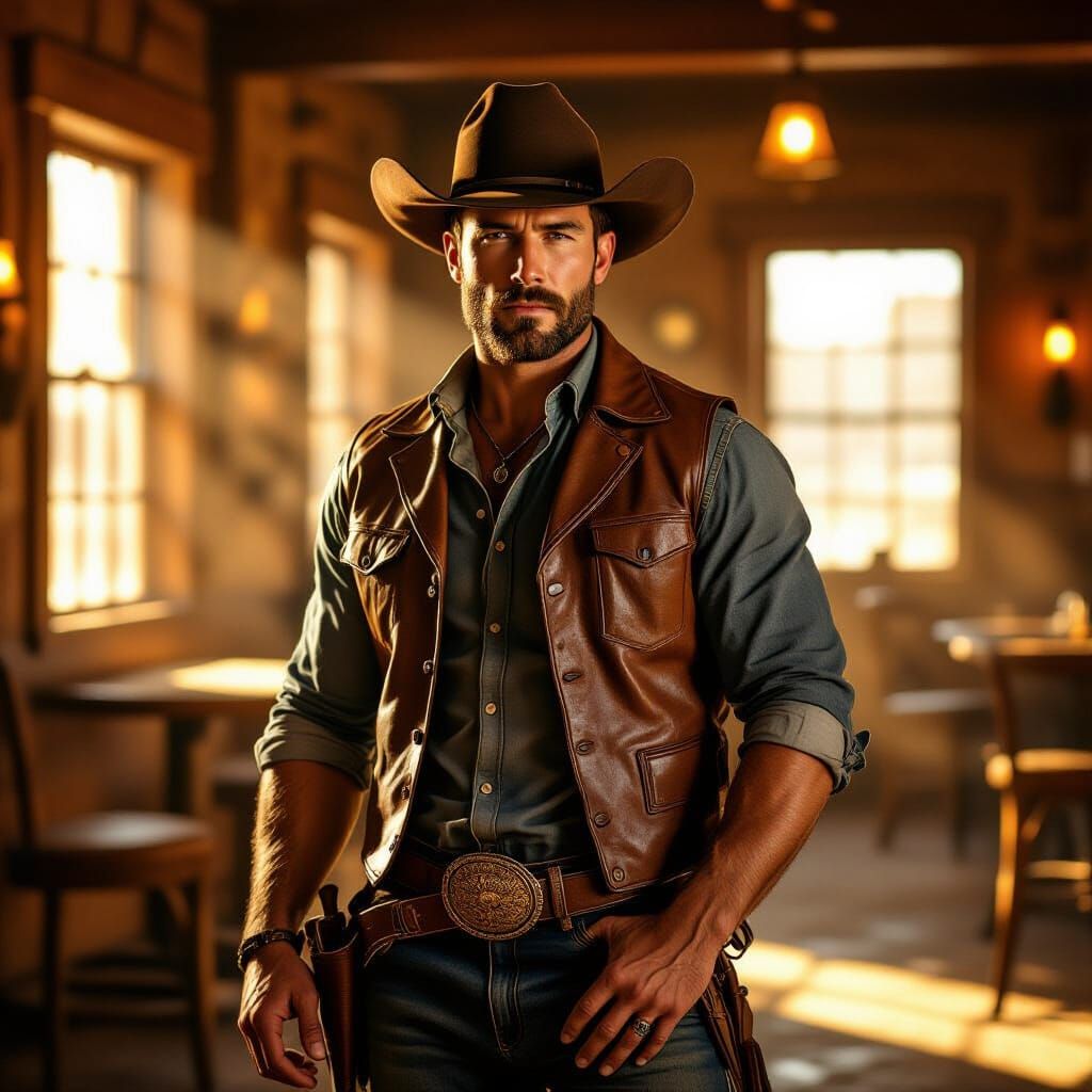 Cowboy in Saloon, Hyperrealistic Style