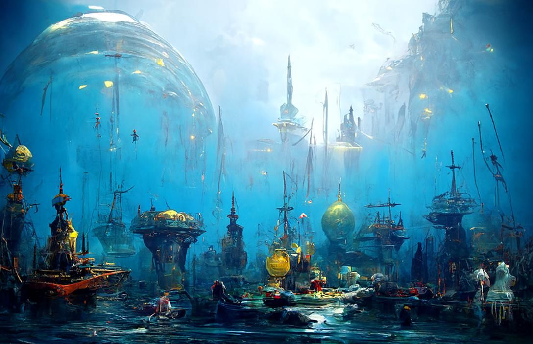 Underwater Glass City with Auroras, Digital Art