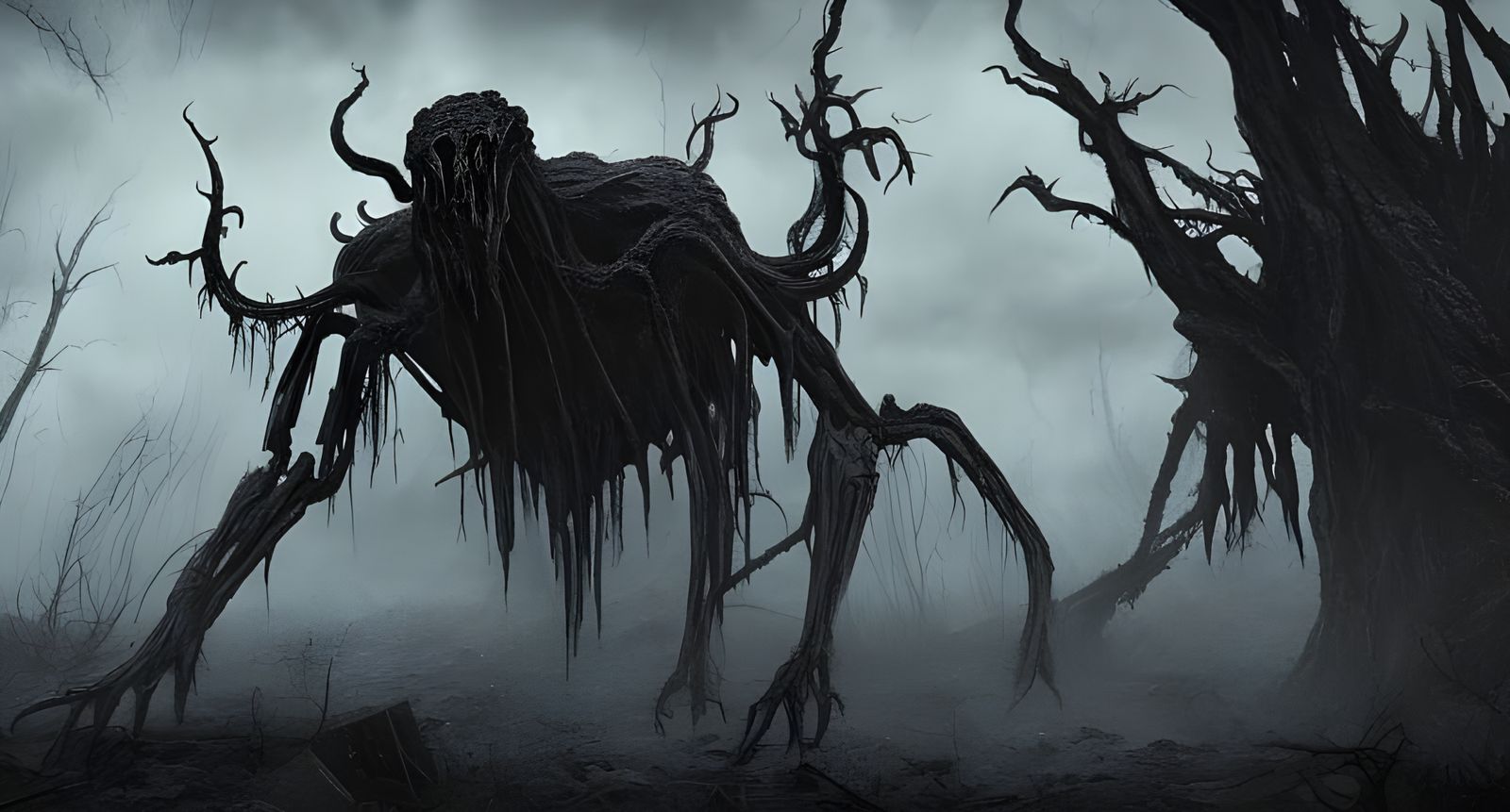Sinister Eldritch Creature in Post-Apocalyptic Landscape