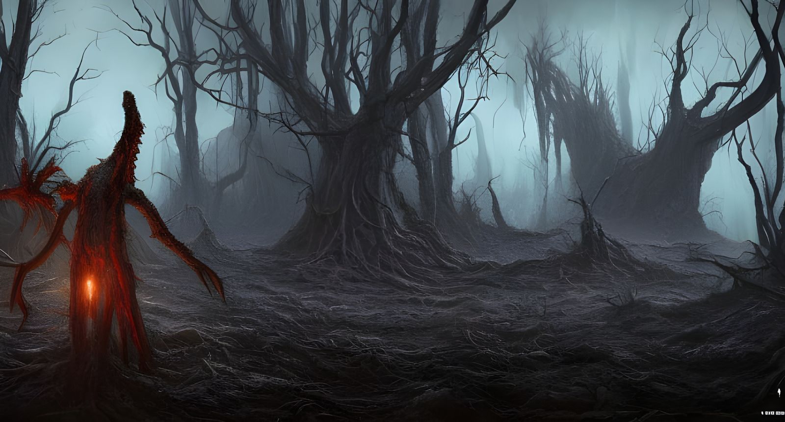 Dark Eldritch Creature in Post-Apocalyptic Landscape