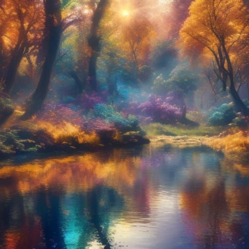 Serene Autumn Lake in Vibrant Digital Matte Painting