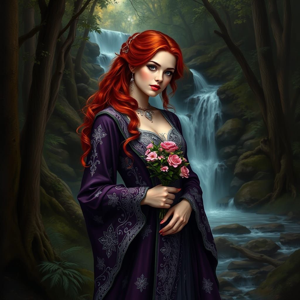 Maiden in Forest Waterfall, Dark Fantasy Art